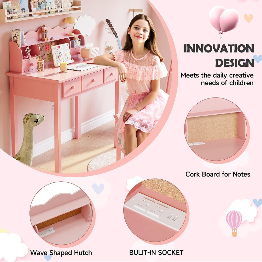 FUNKOCO Home Office Furniture Writing Desk,Computer Work Station with Detachable Hutch,5 Drawers(Pink)