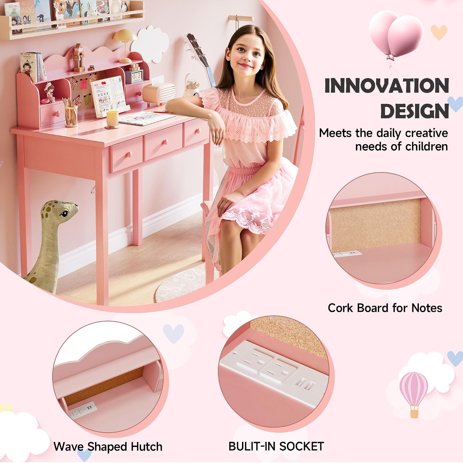 FUNKOCO Home Office Furniture Writing Desk,Computer Work Station with Detachable Hutch,5 Drawers(Pink)