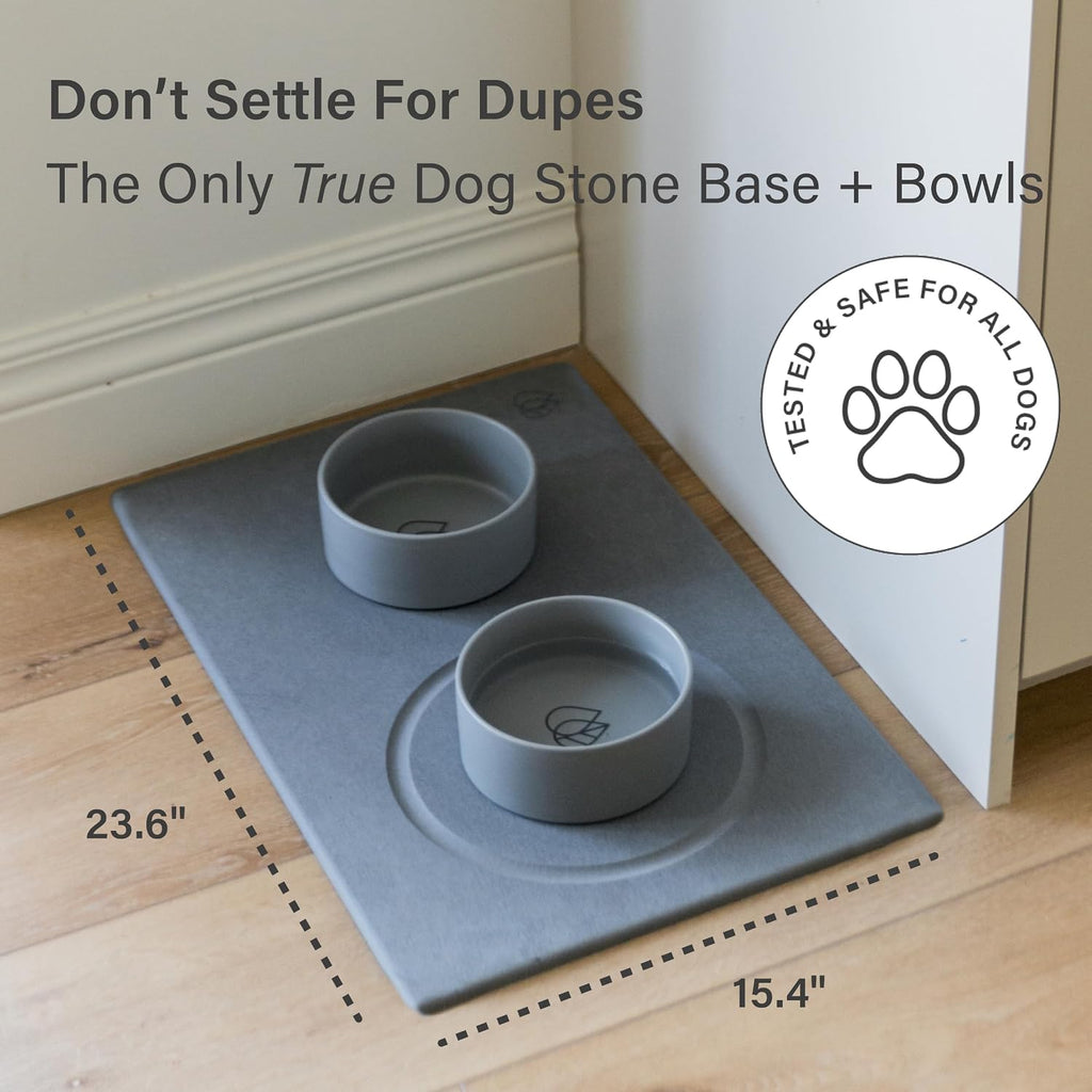 Dorai Home Ceramic Dog Bowls + Stone Drying Mat - Dog Food and Water Bowl Set with Non-Slip Base that Absorbs Spills and Drips - Made with Diatomaceous Earth for Quick Drying - 23.6' x 15.4' - Slate
