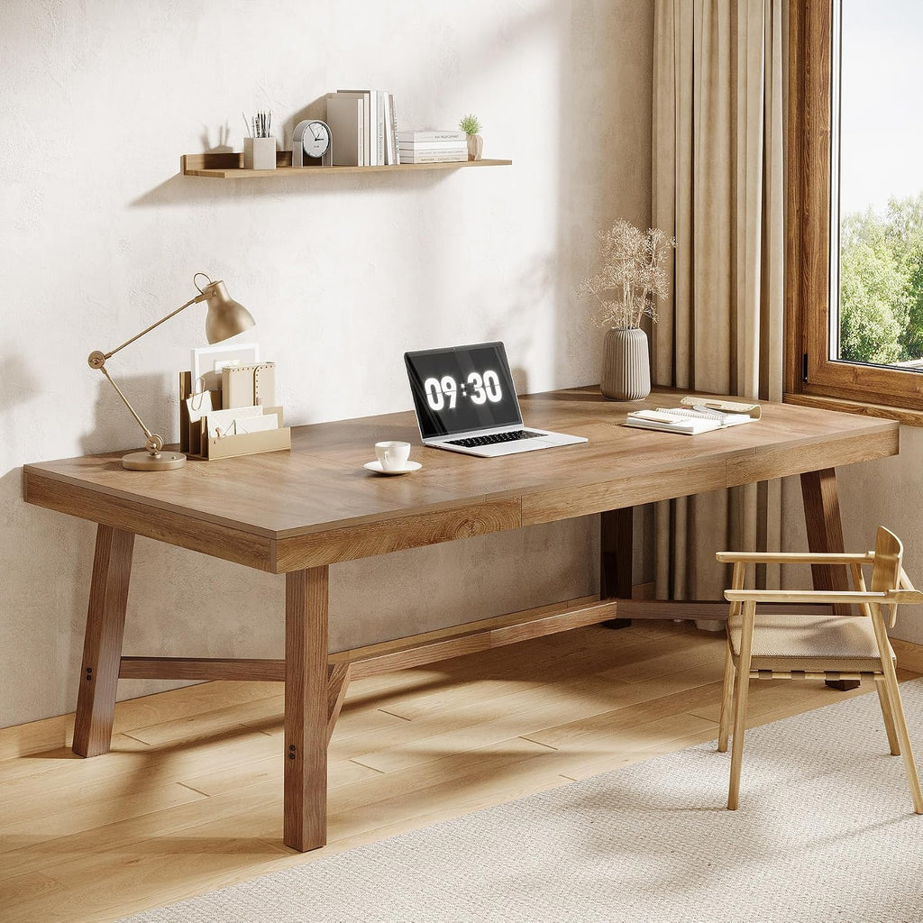Tribesigns 71-Inch Executive Desk, Farmhouse Office Computer Desk with Sturdy Leg Structure, Rectangular Writing Table Business Furniture for Home Office, Natural