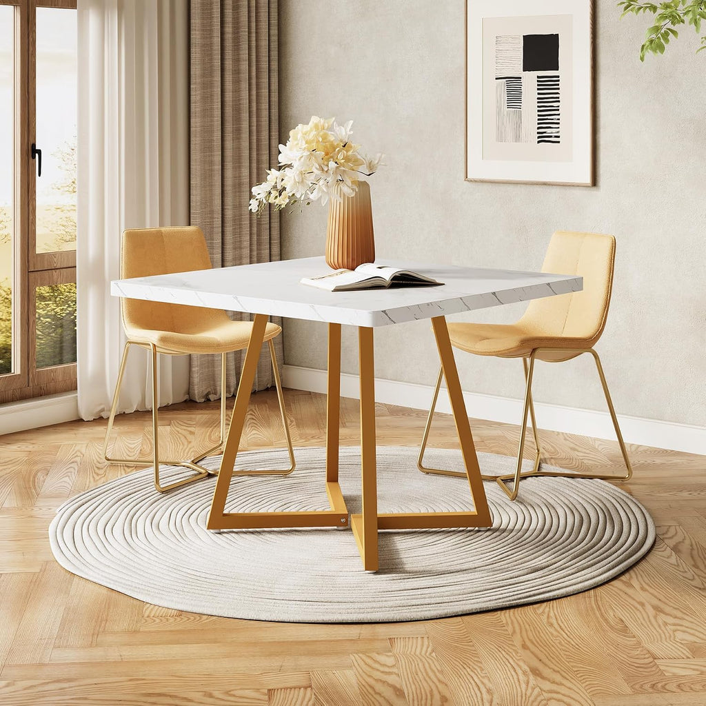 LITTLE TREE 31.5 Inches Small Dining Table for 4, Square Dinner Table for Small Space, Dining Room Tables, White Gold Wooden Kitchen Table with Metal Legs, Modern Leisure Cafe Table for Apartment