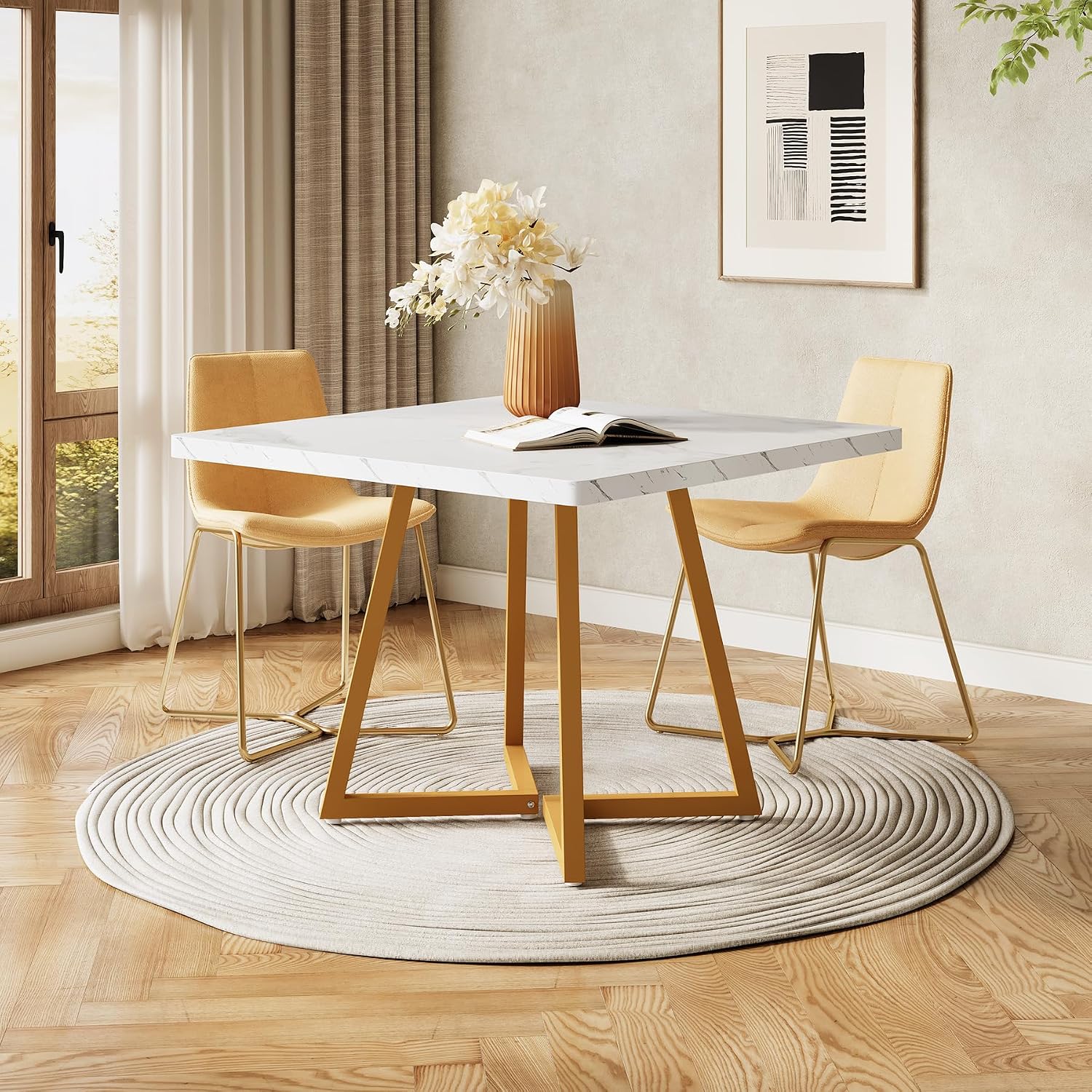 LITTLE TREE 31.5 Inches Small Dining Table for 4, Square Dinner Table for Small Space, Dining Room Tables, White Gold Wooden Kitchen Table with Metal Legs, Modern Leisure Cafe Table for Apartment