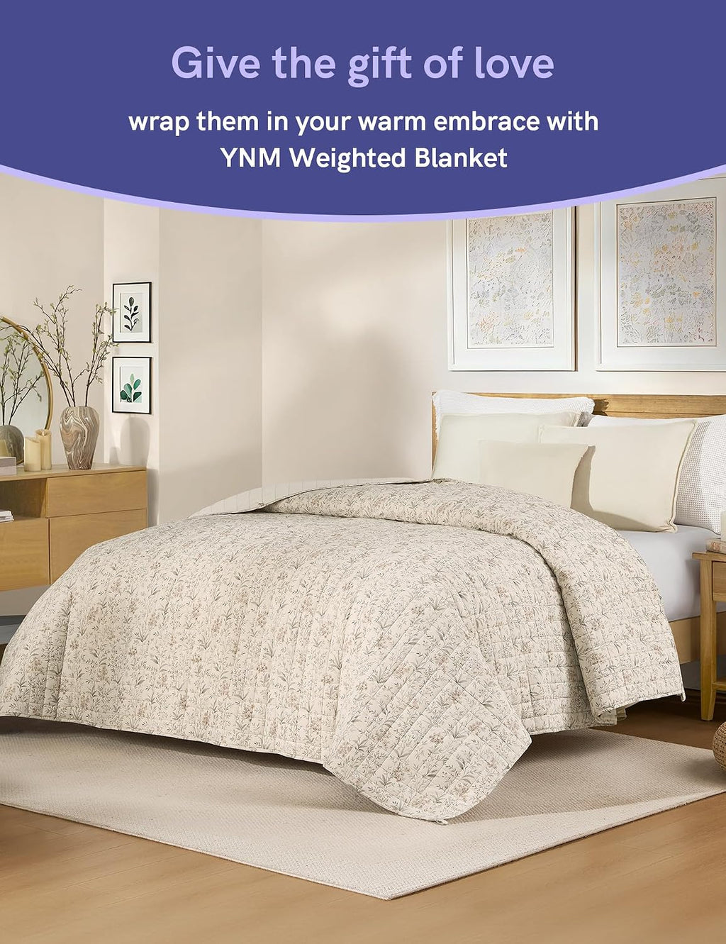 YnM King Size Linen Weighted Blanket for Adults (88x104 Inches, 40 Pounds, Botanical), Exclusive Smallest Compartments, Heavy Bed Blanket for Two Persons of 240~390lbs on Queen or King Bed