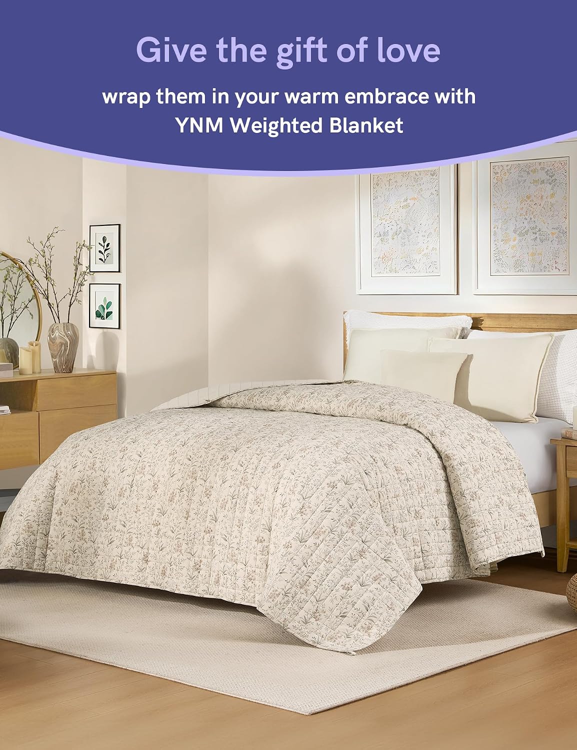 YnM King Size Linen Weighted Blanket for Adults (88x104 Inches, 40 Pounds, Botanical), Exclusive Smallest Compartments, Heavy Bed Blanket for Two Persons of 240~390lbs on Queen or King Bed