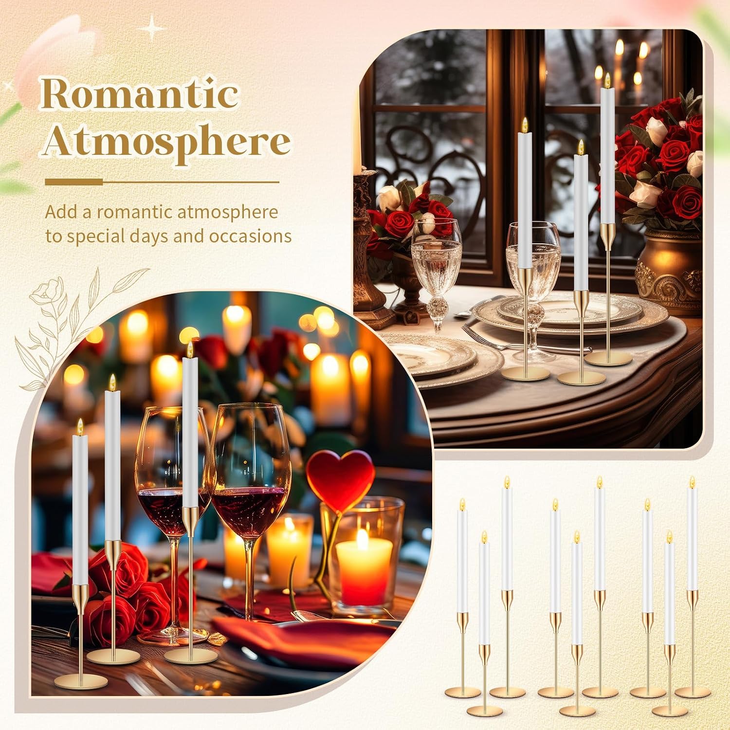 FillTouch 60 Pcs Gold Candlestick Holders with LED Flameless Candles Bulk Includes 30 Metal Candle Holders and 30 Battery Operated Candles for Wedding Table Centerpieces Home Decor(White)
