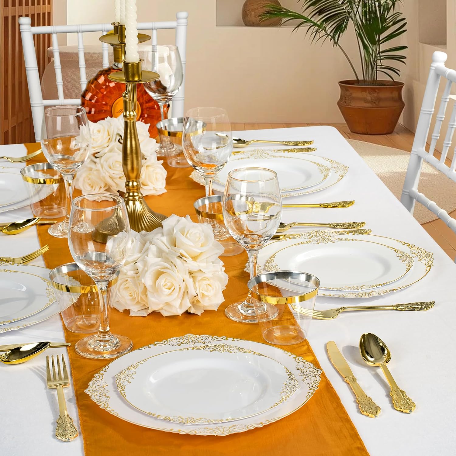 Bestluck 700PCS Gold Plastic Plates for 100 Guests, Disposable Dinnerware Sets Include 200 Gold Rim Plastic Plates, 100 Silverwares, 100 Cups, and 100 Pre Rolled Napkins for Party, Wedding, Graduation