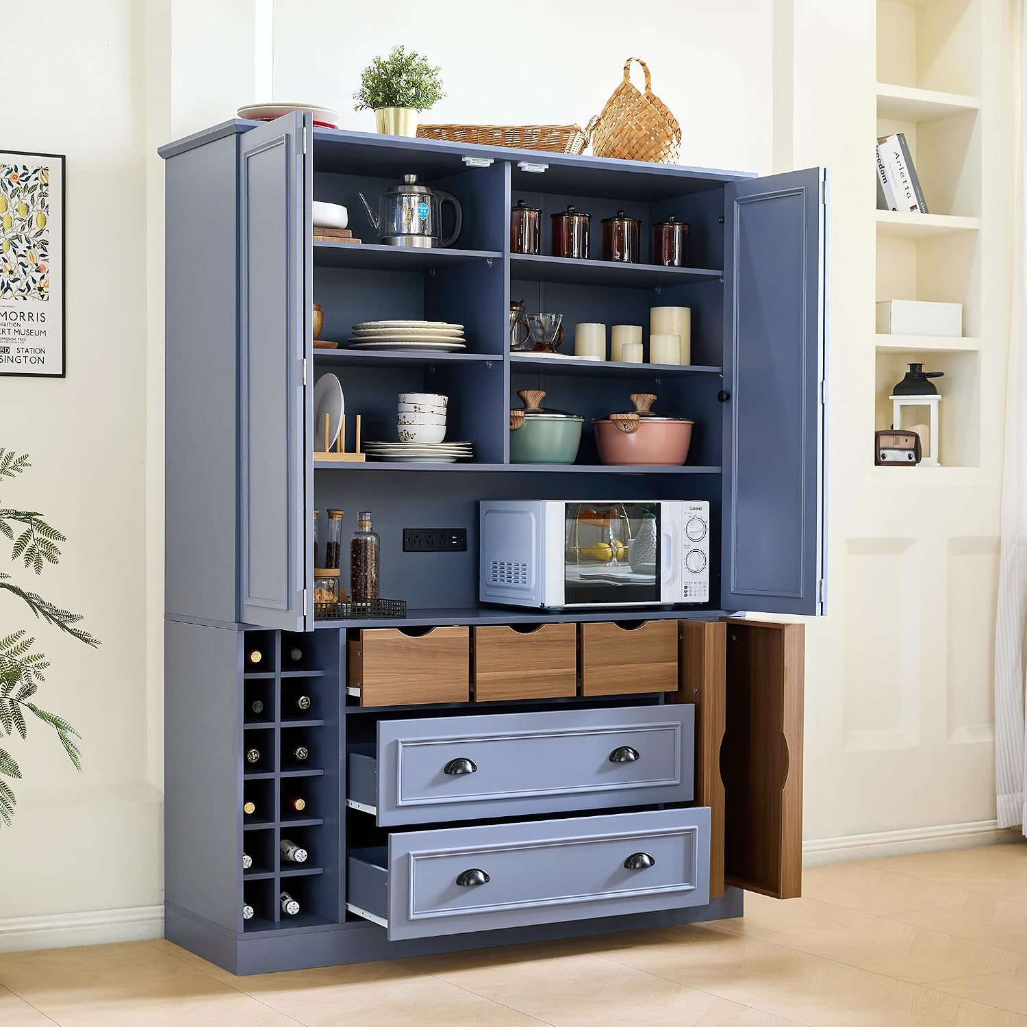 Merax 71' H Tall Kitchen Pantry Cabinet with Outlet, Modern Kitchen Hutch with Microwave Stand and Wine Racks, Large Food Pantry Storage Cabinet with Serving Trays and Drawers, Blue Gray