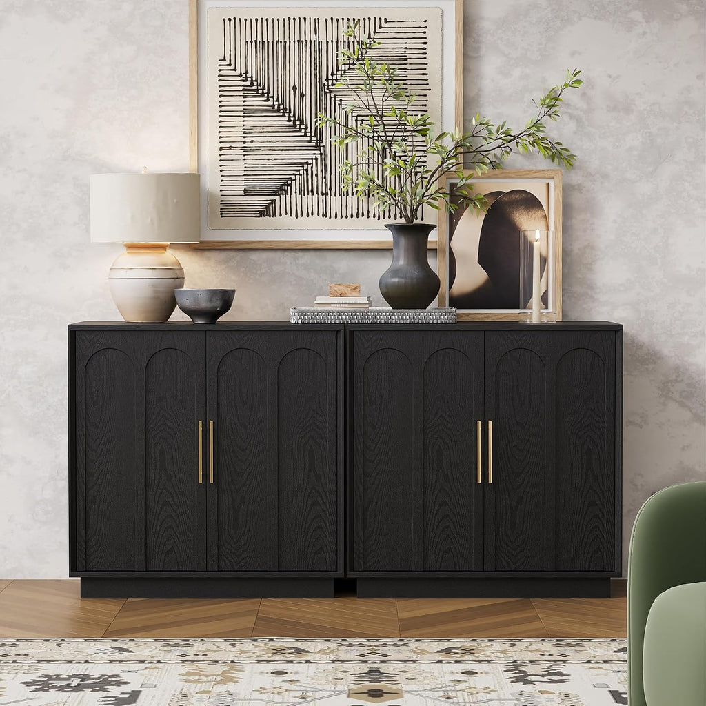 FORTUNETEC Sideboard Buffet Cabinet with Storage Set of 3, Mid Century Modern Accent Cabinet with Arched Doors, Modular Media Console, Credenza for Living Room Kitchen Dining Room Entryway, Black