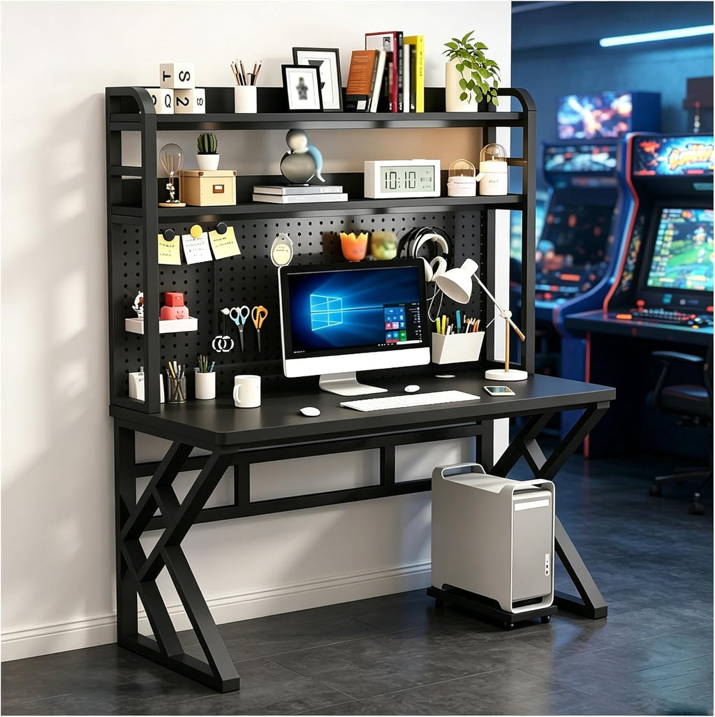 39.3in Gaming Desk with Bookshelf Combo, Computer Desk with Pegboard, Large Writing Table with Desktop Shelves, Ample Leg Room, for Home Office (Black, 39.3in)
