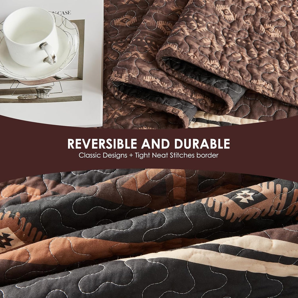 Traditional Quilt Queen Size - 3 Pieces Rustic Aztec Bedding Sets - 100% Cotton Southwestern Bedspread for All Season - American Navajo Diamond Motif Lightweight Comforter - Brown/Black