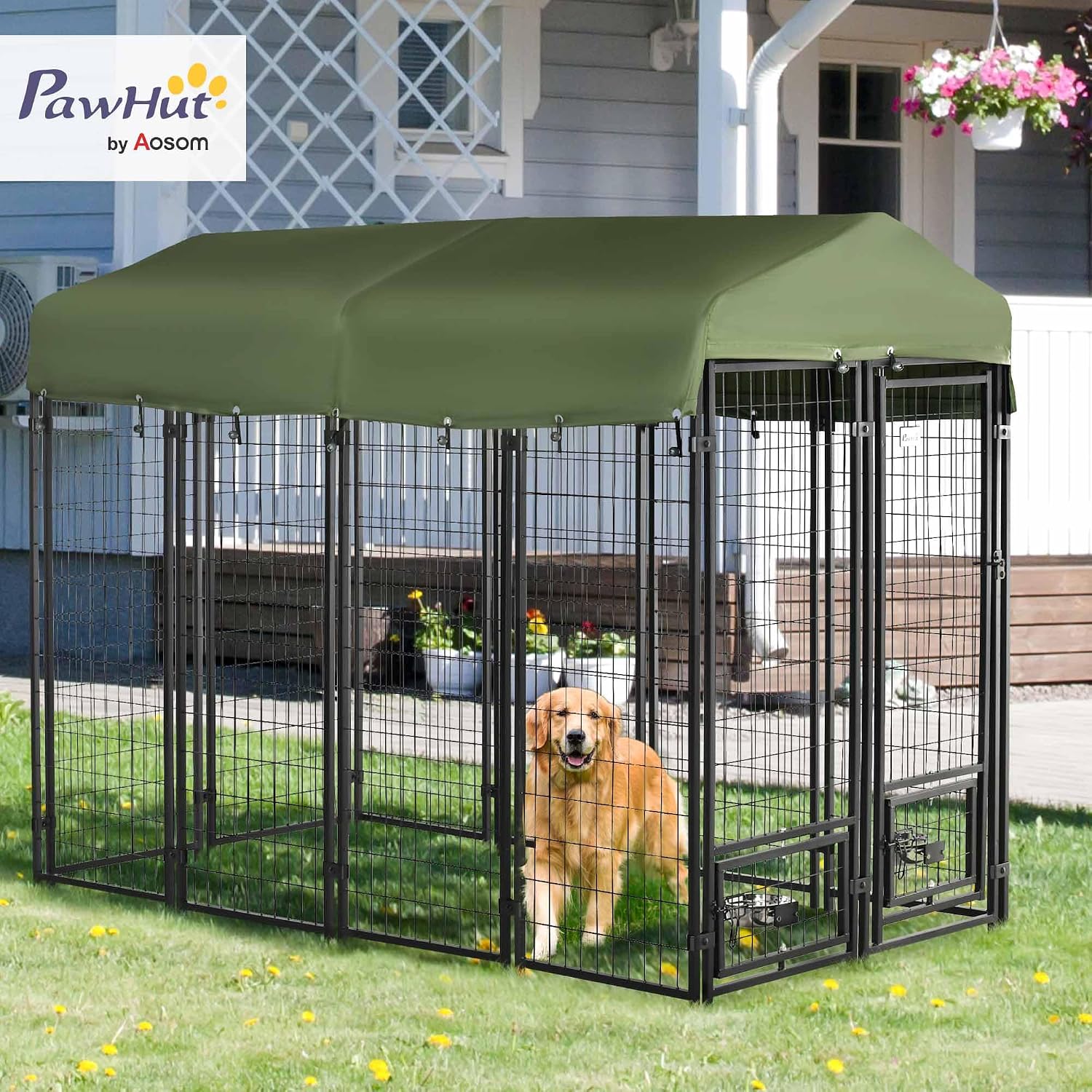 PawHut 8' x 4' x 6' Dog Kennel Outside, Welded Wire Outdoor Dog Kennel Run with 360° Rotating Bowls, Waterproof & UV Resistant Cover, for S&M&L Breeds, Chickens, Ducks, Green