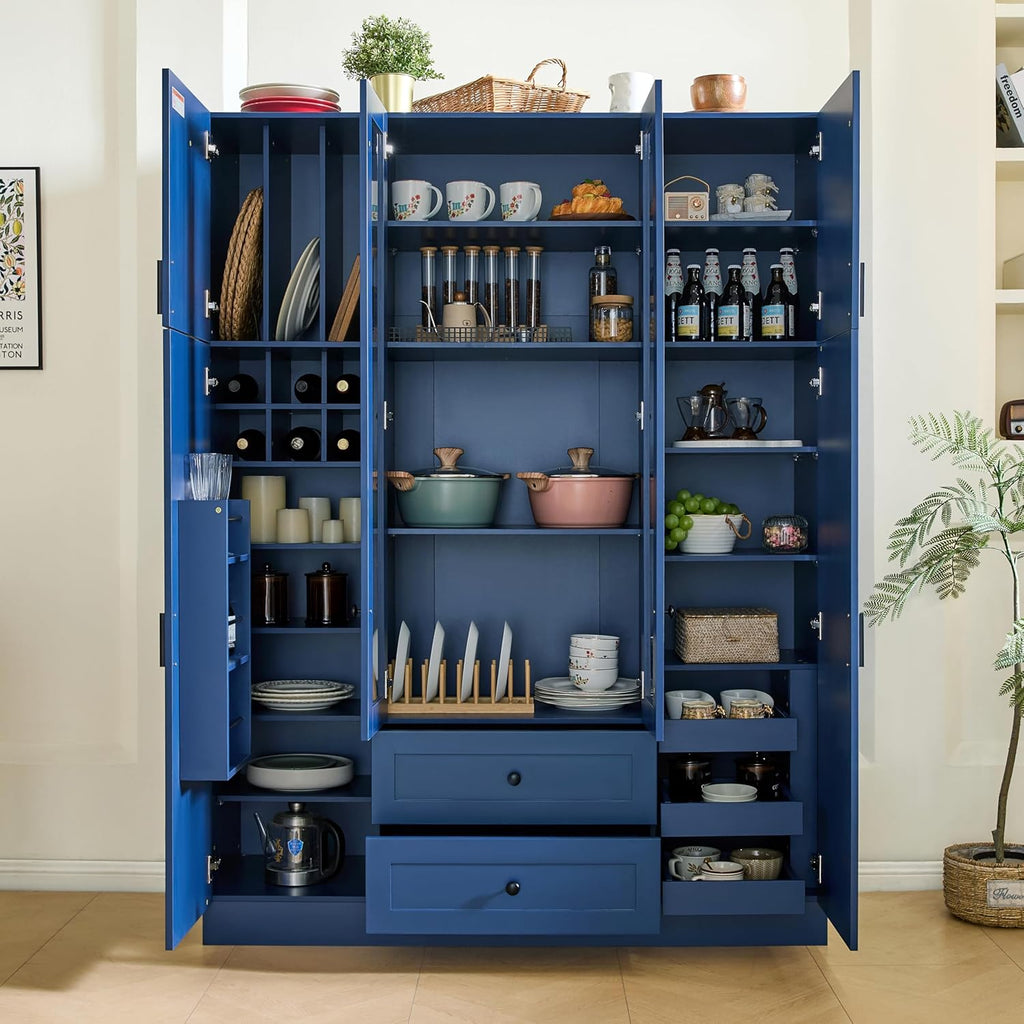 Modern Large Kitchen Pantry with 6 Doors, 53.2''Lx17.7''W Wood Storage Cabinet Cupboard with Drawers, Adjustable Shelves, Pull-Out Trays and Wine Rack for Dining Room (Blue-4.19)