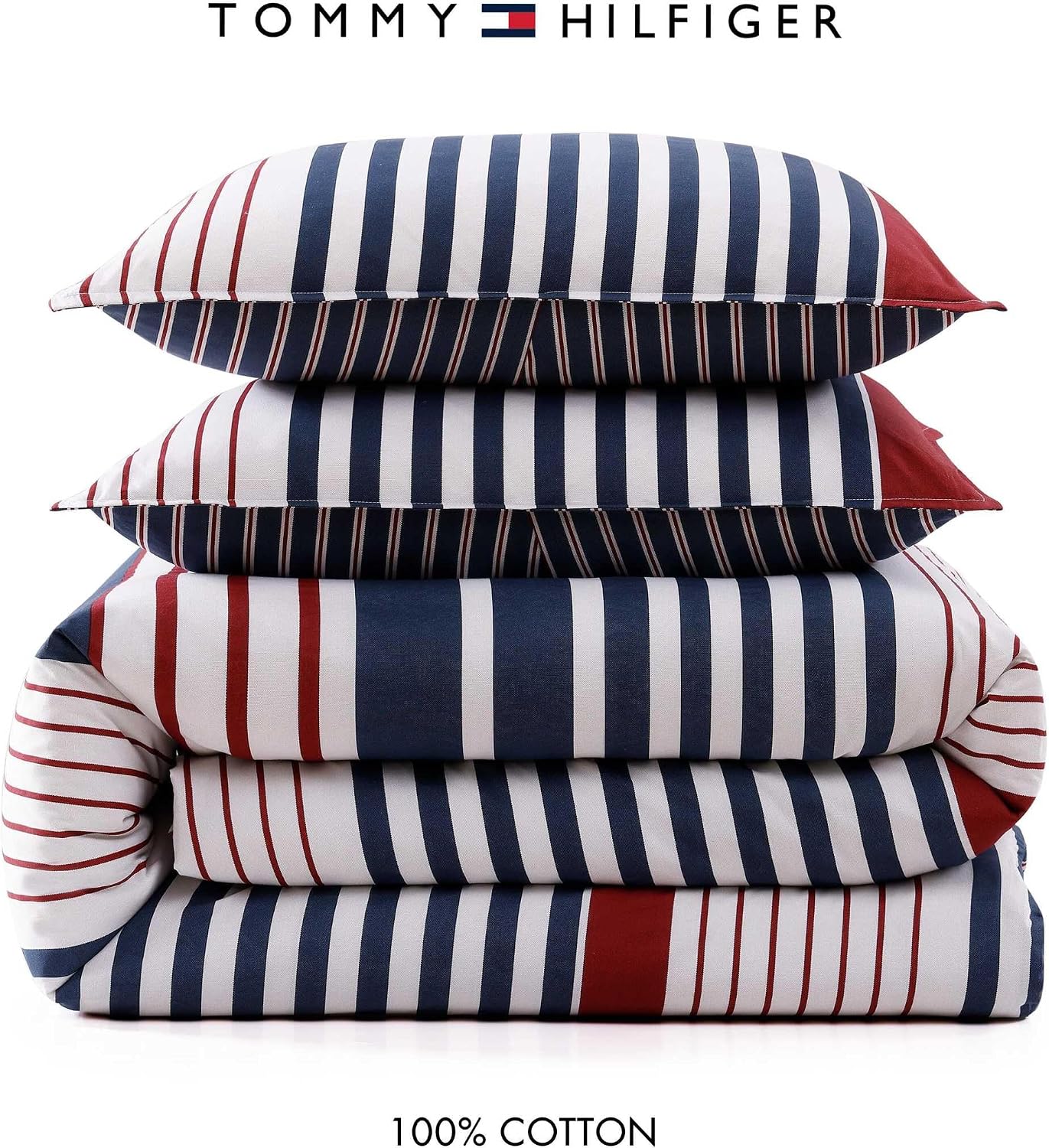 Tommy Hilfiger - Queen Duvet Cover Set, 100% Cotton Percale Bedding with Matching Shams, Button Closure & Corner Ties, Reversible Brooklyn Stripe Design, Americana Decor (Blue)