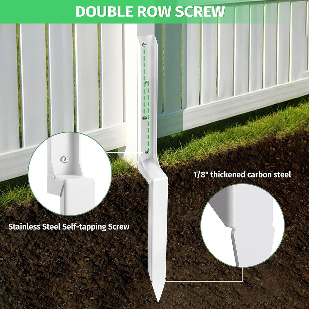 Fence Post Repair Stakes Kit – 1/8' Thickened Carbon Steel One-Piece Structure, Heavy Duty Ground Anchor Stake for Repairing or Reinforcing Broken/Leaning Privacy Fence & Mailbox Post, White, 4-Pack