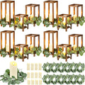 Geelin 12 Set 7.87'', 10.59'', 13'' Brown Wooden Lanterns for Wedding Centerpieces Include 12 Wooden Lantern 12 LED Candle 12 Eucalyptus Leaves Wreath for Wedding Baby Shower Farmhouse Table Decor