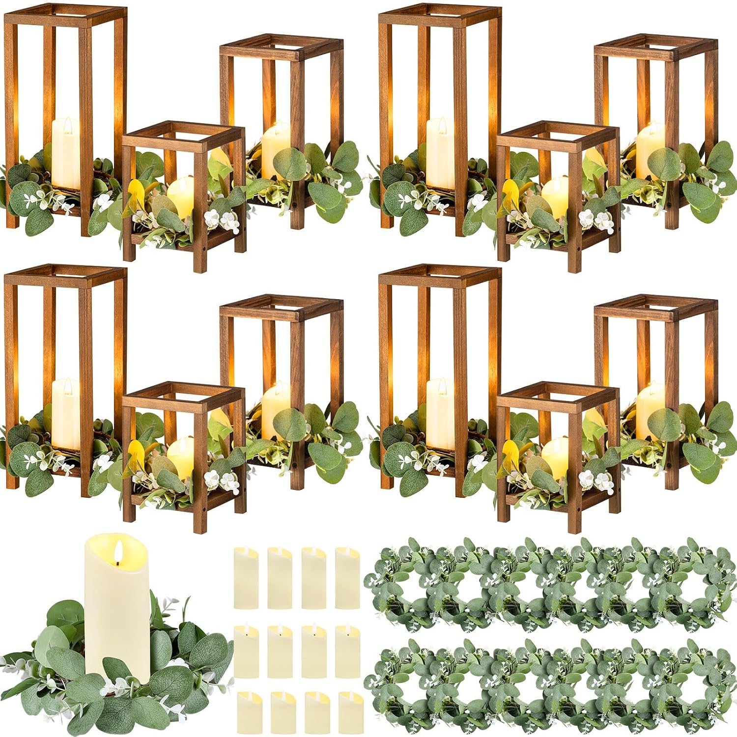 Geelin 12 Set 7.87'', 10.59'', 13'' Brown Wooden Lanterns for Wedding Centerpieces Include 12 Wooden Lantern 12 LED Candle 12 Eucalyptus Leaves Wreath for Wedding Baby Shower Farmhouse Table Decor