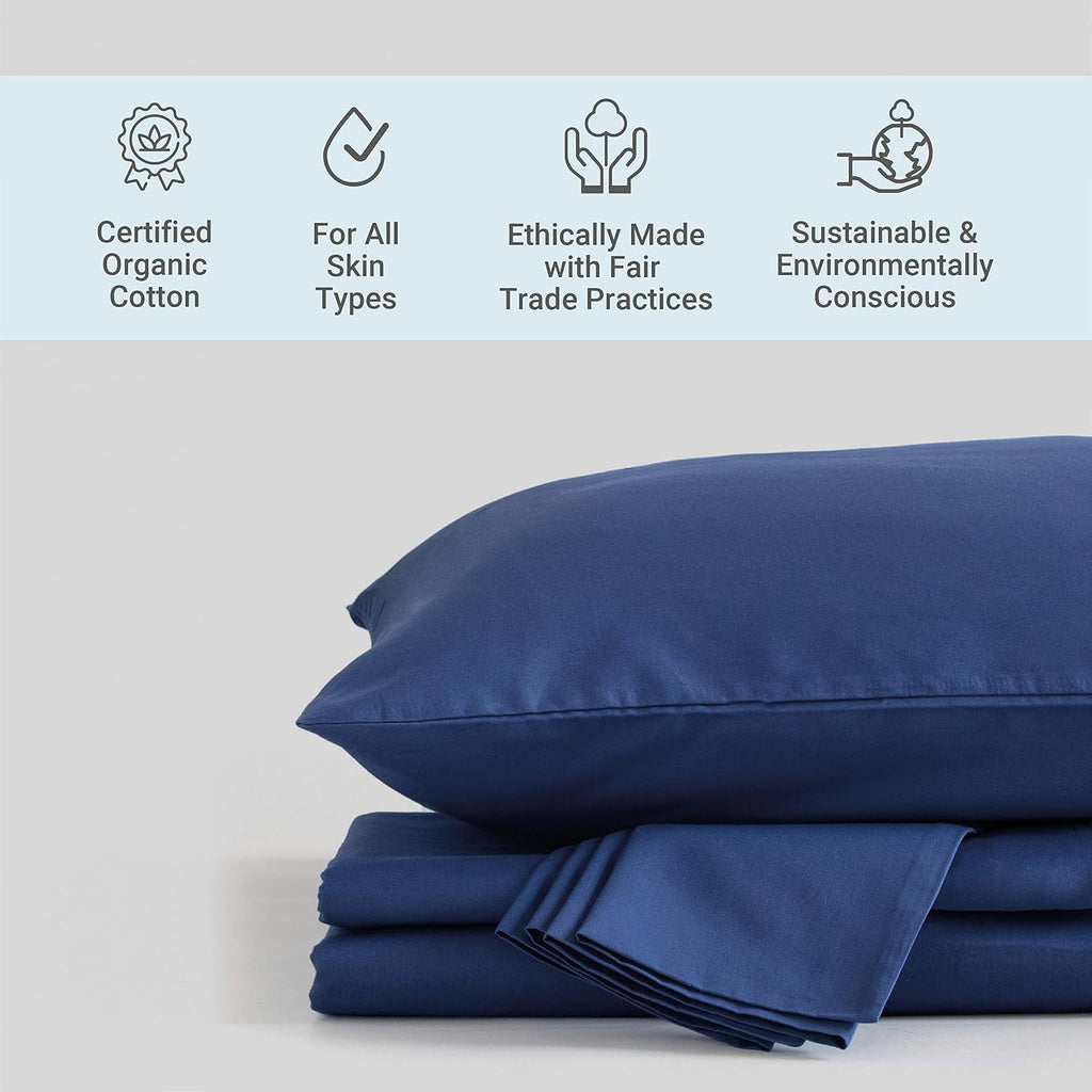 Fabdreams 100% Organic Cotton Percale Weave Queen Size Sheet Set, 300 TC, GOTS Certified, Cool & Crisp, Breathable, Fits Mattresses Up to 17' Deep, Durable Luxury – Dark Blue