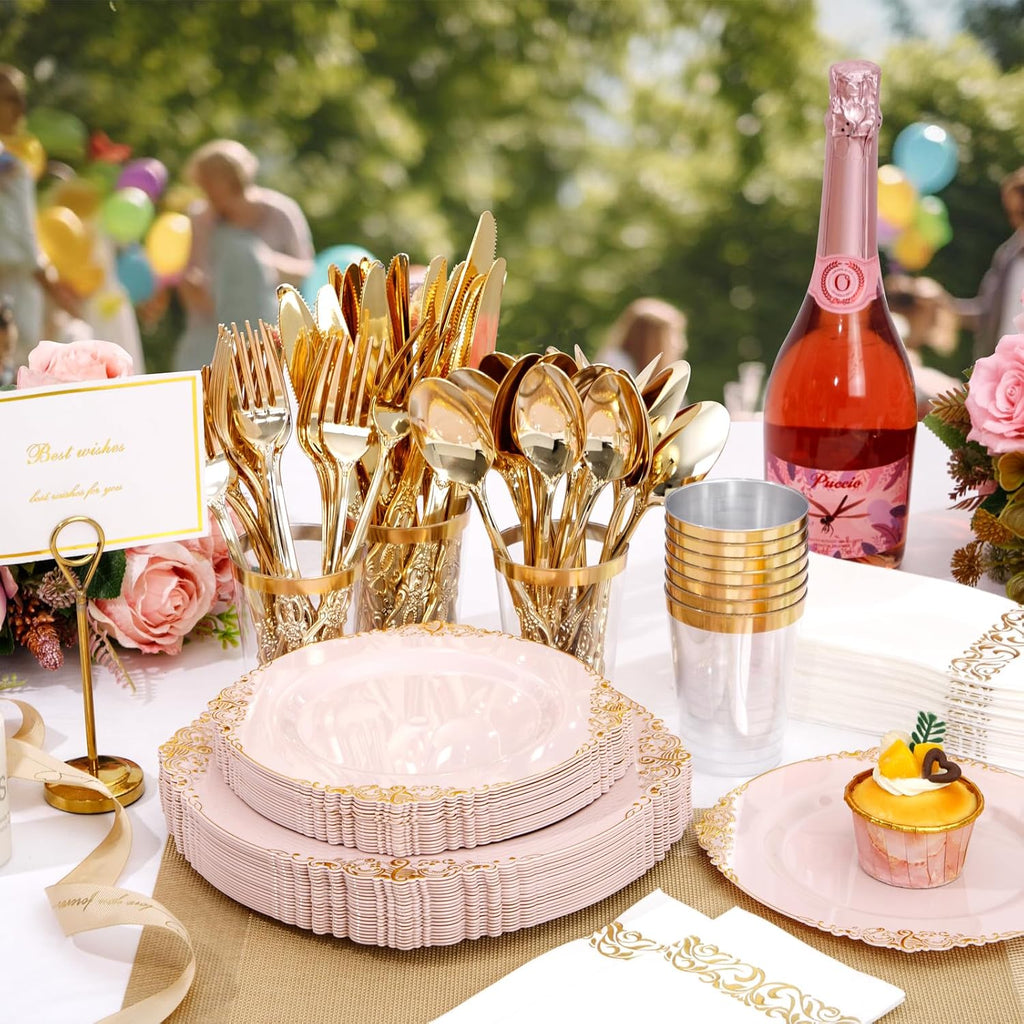 YOUBET 700PCS Pink Plastic Plates - Pink and Gold Plates - Luxury Pinks Dinnerware Set Include 200 Disposable Plates, 300 Heavy Duty Silverware, 100 Cups, 100 Napkins for Wedding Party