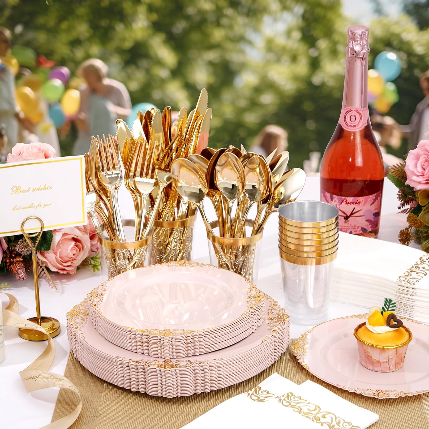 YOUBET 700PCS Pink Plastic Plates - Pink and Gold Plates - Luxury Pinks Dinnerware Set Include 200 Disposable Plates, 300 Heavy Duty Silverware, 100 Cups, 100 Napkins for Wedding Party