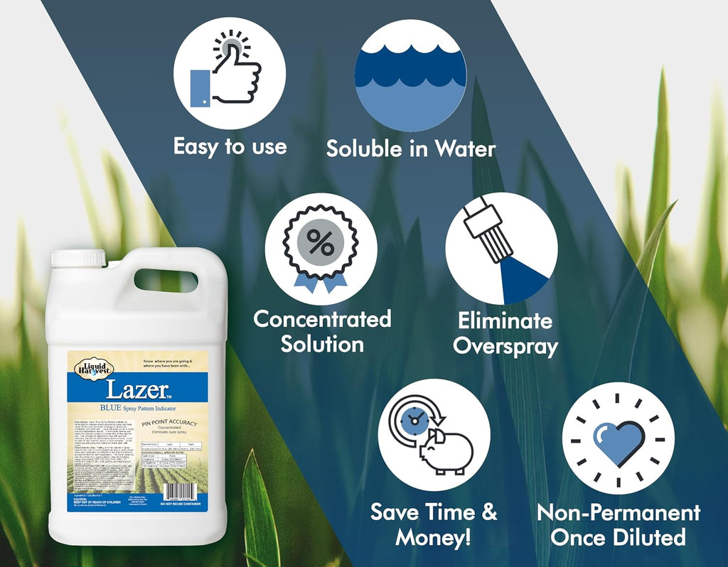 Liquid Harvest Lazer Blue Concentrated Spray Pattern Indicator - 2.5 Gallon- Perfect Weed Spray Dye, Herbicide Dye, Fertilizer Marking Dye, Turf Mark and Blue Herbicide Marker