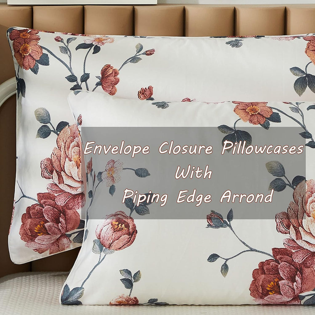 FADFAY Sheets Set Queen Shabby Beige Floral Bedding Elegant Peony Sheets Set Vintage Flower Bedding Collections Soft 100% Egyptian Cotton 800 Thread Count Deep Pocket Fitted Sheet, 4Pcs-Queen Size