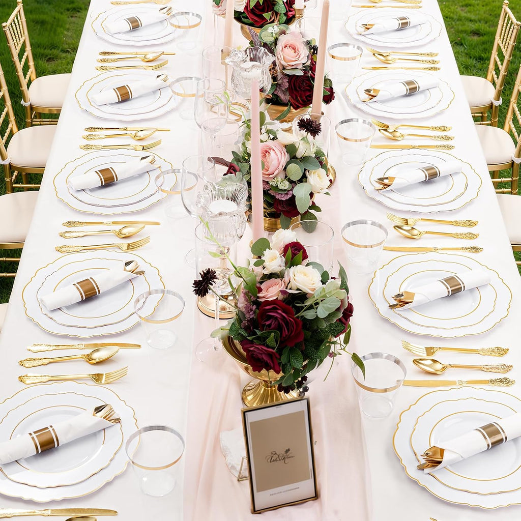Liacere 700PCS Gold Plastic Plates - Baroque Dinnerware Sets for 100 Guests - 200 Disposable Plates（10inch，7inch）, 300 Gold Plastic Silverware, 100 Cups, 100 Napkins for Wedding & Easter Day