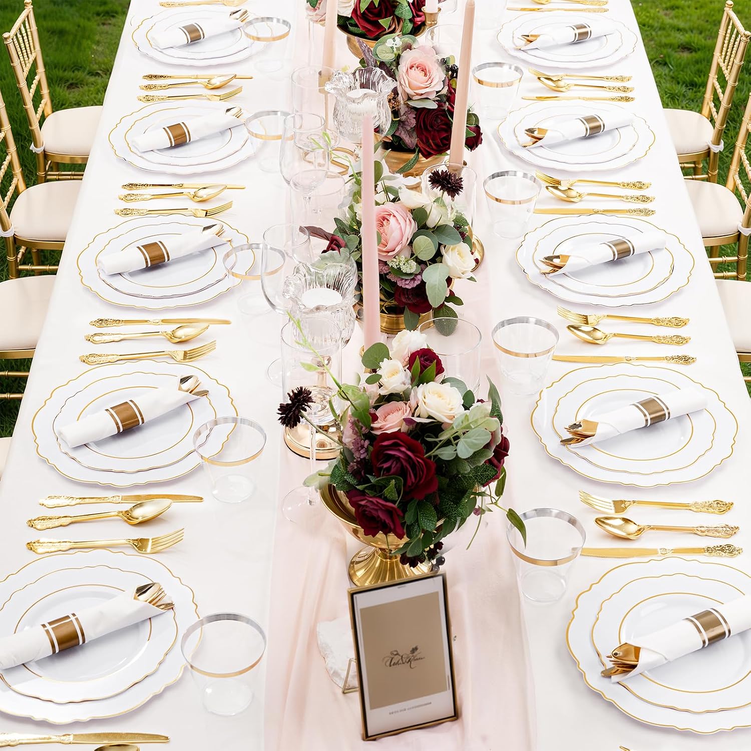 Liacere 700PCS Gold Plastic Plates - Baroque Dinnerware Sets for 100 Guests - 200 Disposable Plates（10inch，7inch）, 300 Gold Plastic Silverware, 100 Cups, 100 Napkins for Wedding & Easter Day