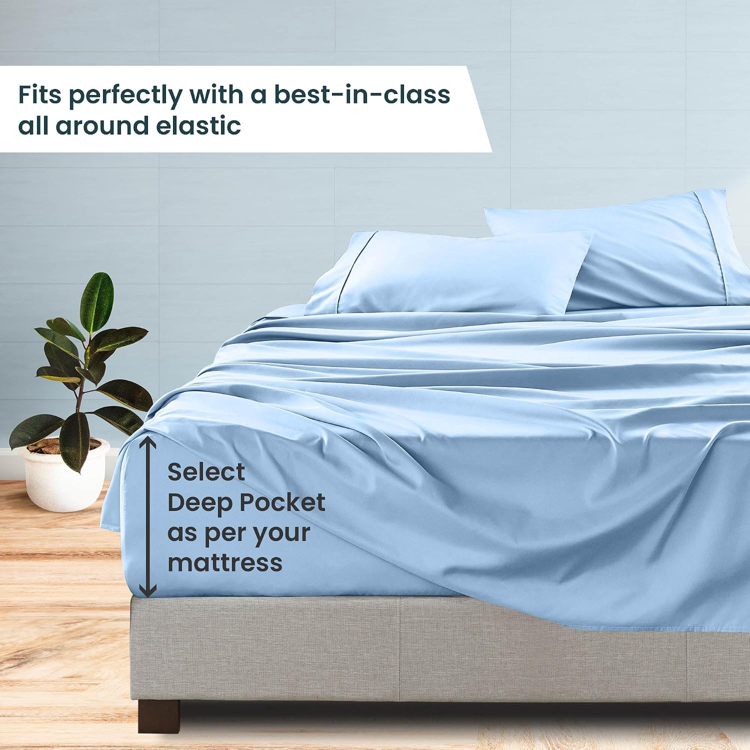 1000 Series- Extra Long Staple 100% Egyptian Cotton Sheet Set,Sateen Weave, Hotel Quality Soft Luxury Bedding, Queen Size 4 Piece Sheet Set Fit 15' Inch to 18' Deep Light Blue Solid.