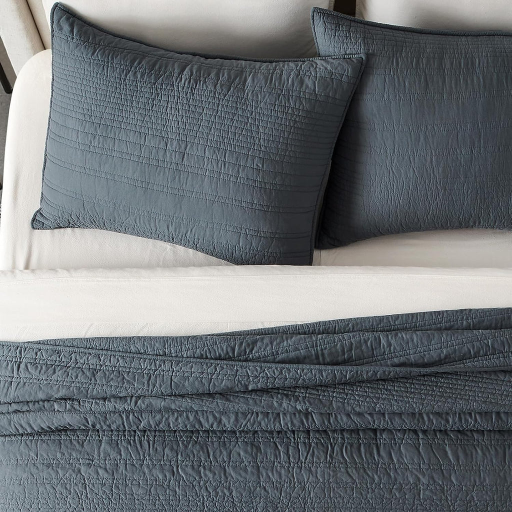 EVERGRACEHOME 100% Cotton Modern Lines Quilt Set Oversized King, Pre-Washed Soft Striped Coverlet Bedspread, 3 Piece Lightweight Bedding Set for All Season, with 2 Pillow Shams, Midnight Blue