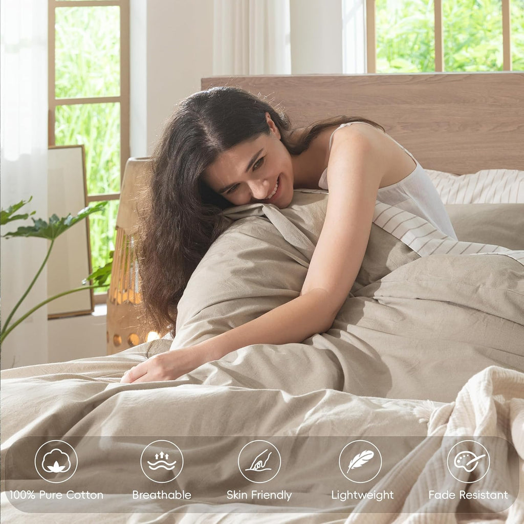 MooMee Bedding Duvet Cover Set 100% Washed Cotton Linen Like Textured Breathable Durable Soft Comfy (Heathered Tannish Linen Grey, Oversized King Plus 128'x120')
