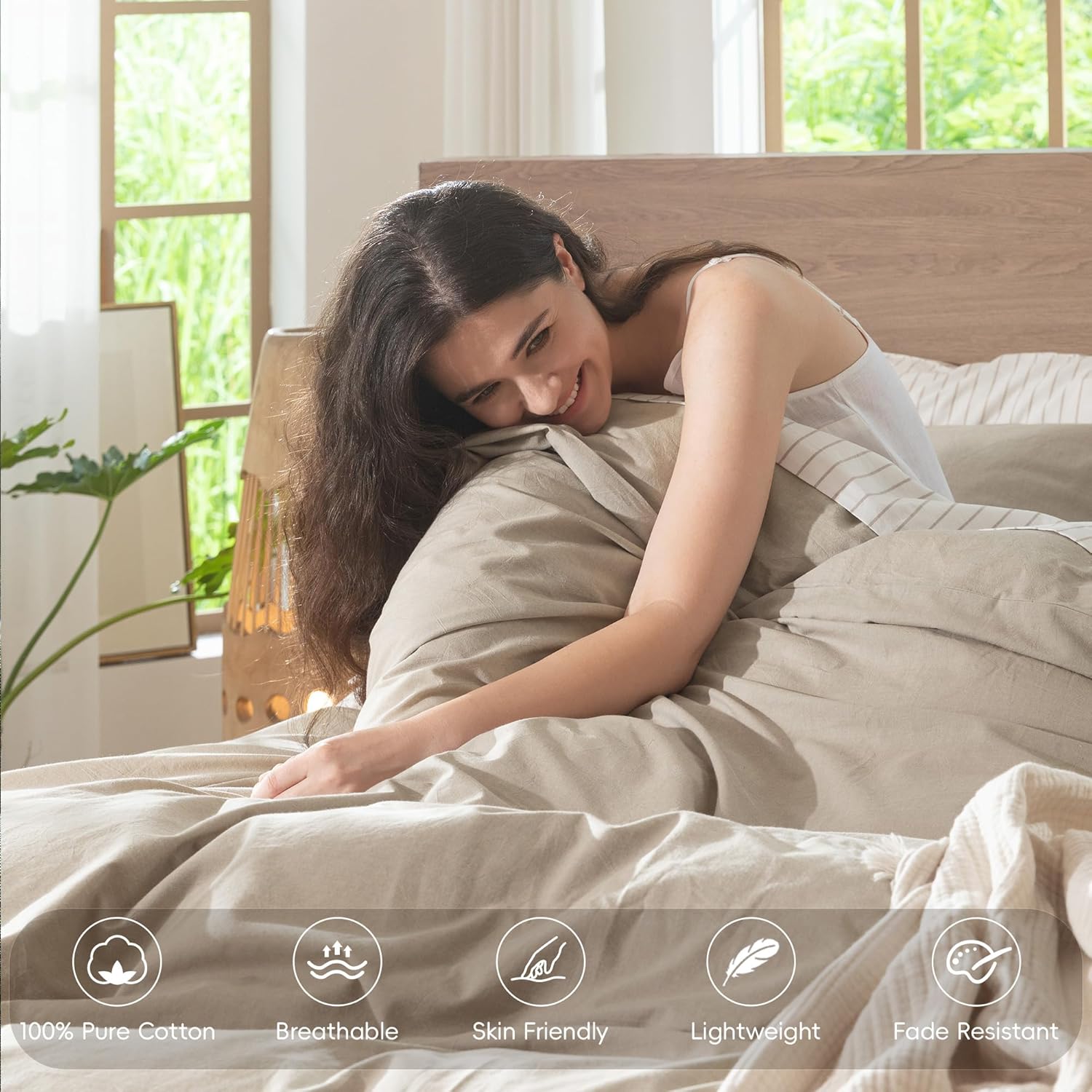 MooMee Bedding Duvet Cover Set 100% Washed Cotton Linen Like Textured Breathable Durable Soft Comfy (Heathered Tannish Linen Grey, Oversized King Plus 128'x120')