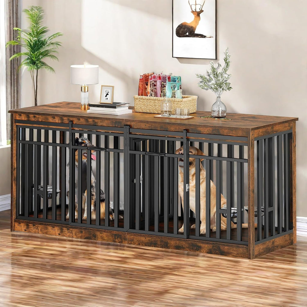 YITAHOME 71' Double Dog Crate Furniture with 4 Dog Bowls, Heavy Duty Wooden Dog Crate TV Stand, Dog Kennel Indoor Furniture Sliding Barn Door Design for Extra Large Dogs, Rustic Brown