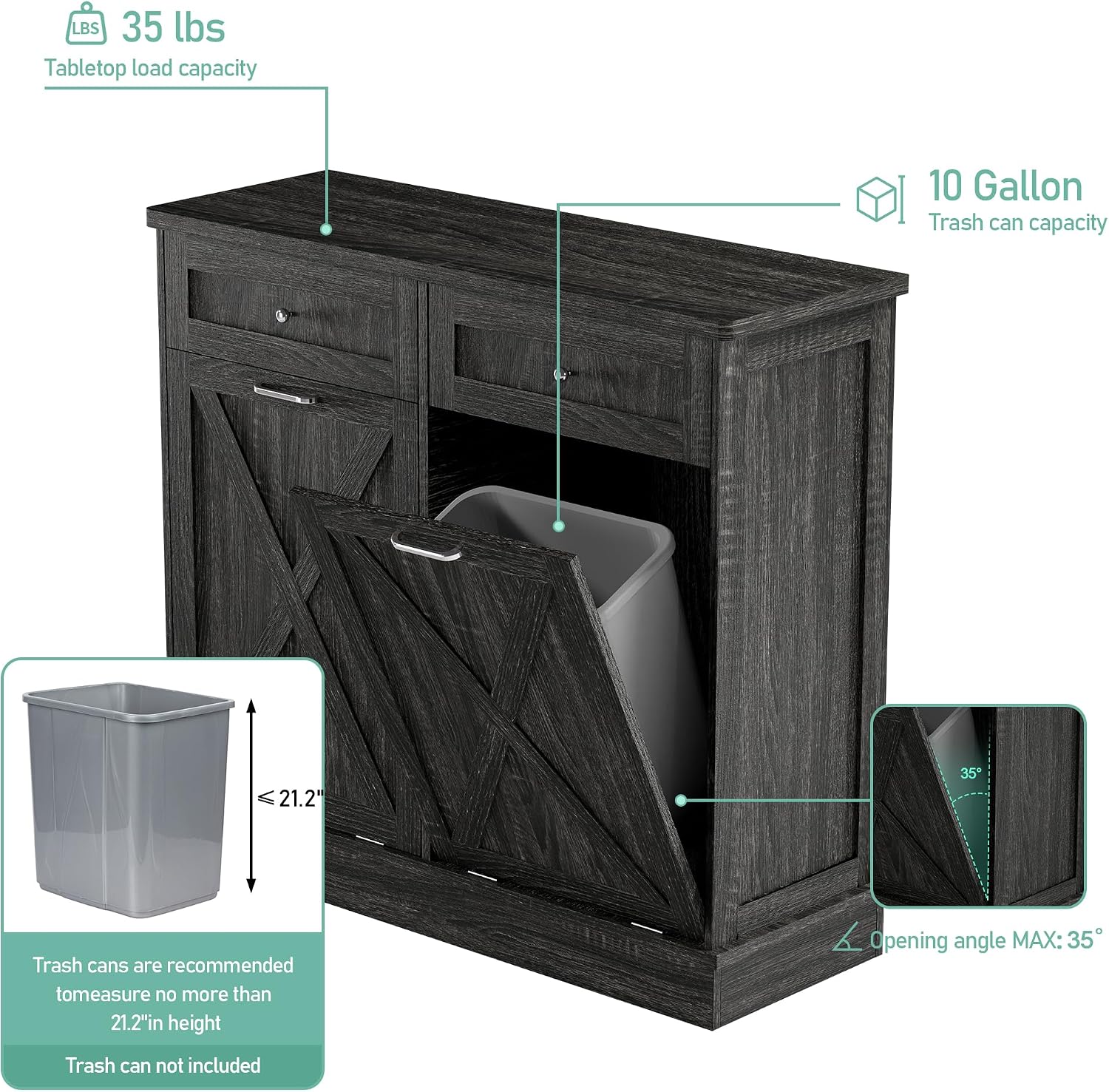 TOLEAD Double Tilt Out Trash Cabinet Free Standing 10 Gallon Wooden Dual Trash Can Cabinet with Barn Door for Farmhouse Kitchen,Living Room, Dining Room, Oak Grey