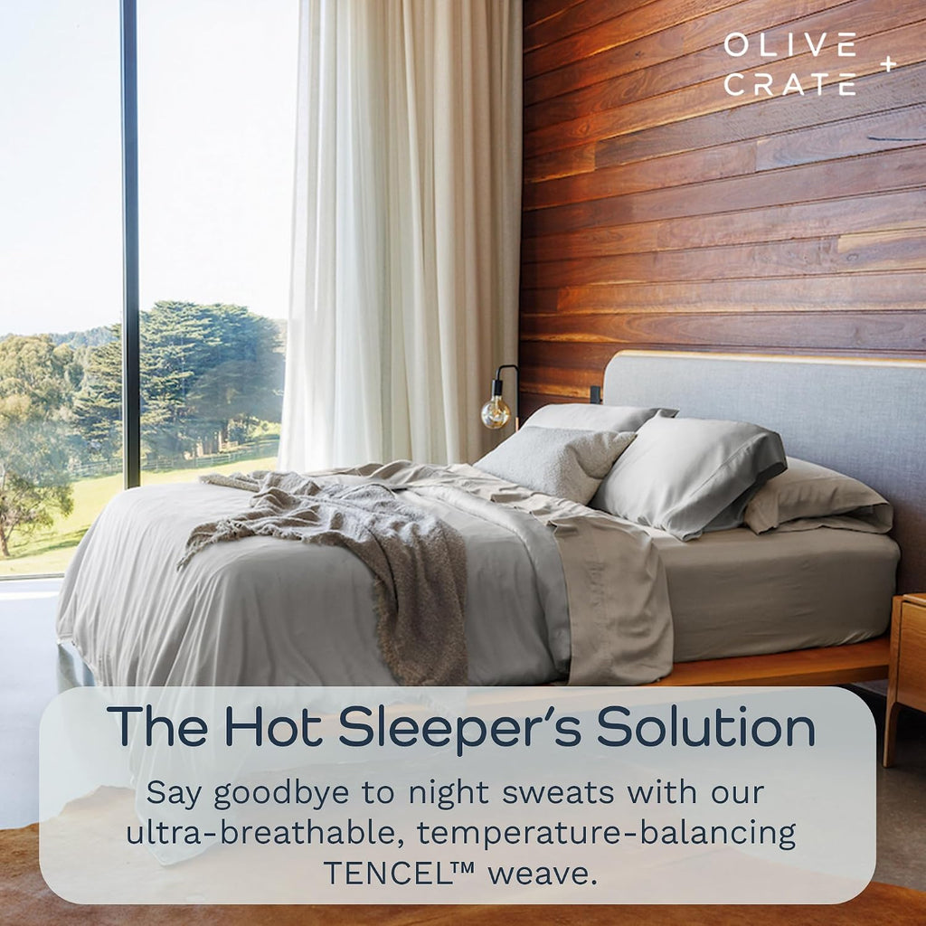 Olive + Crate Tencel Lyocell Eucalyptus Queen Size Sheet Set - Cooling Tencel Sheets for Hot Sleepers with 18 Inch Deep Pocket Fit - Gray Mist 4-Piece Set