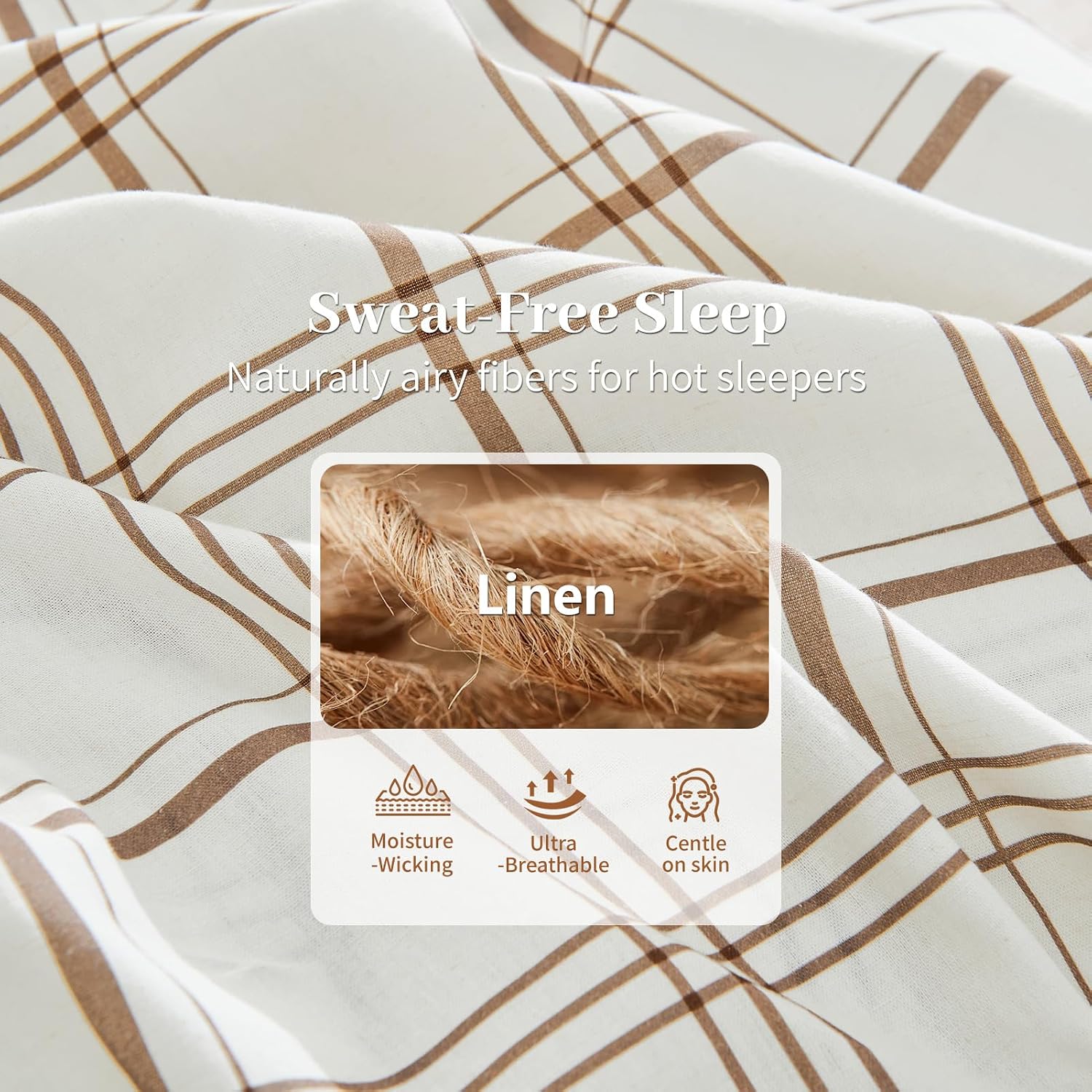 MEISHANG 100% French Pure Linen Sheets Queen Size - Bed Sheets 4 Piece Sets, Soft Durable Flax Linen, Anti-Tear Breathable Moisture Wicking with 16' Deep Pocket (Linen Plaid)