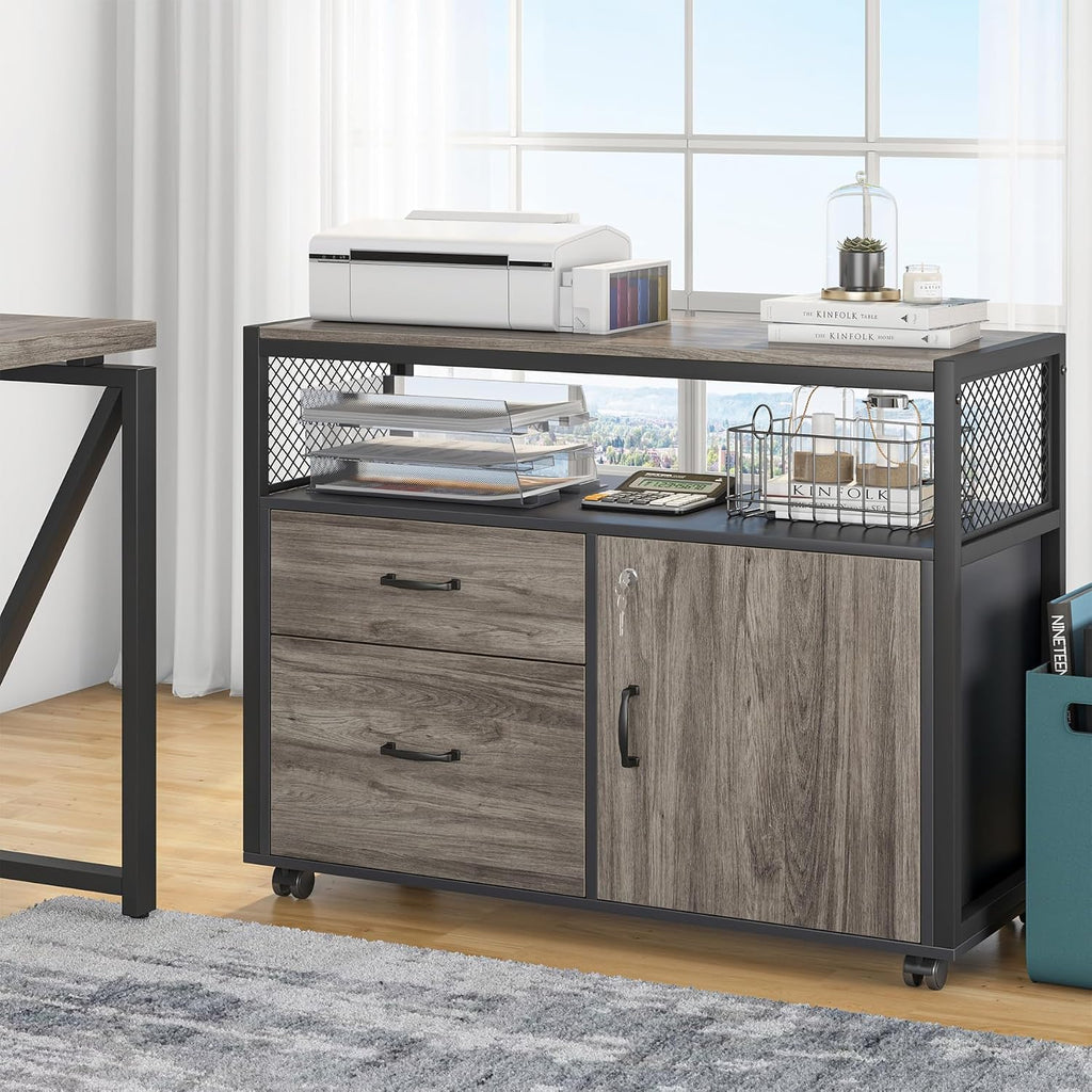 Tribesigns Grey Executive Desk with Cabinet, 55' L Shaped Computer Desk and lateral File Cabinet with Locks, 2 Piece Home Office Furniture Set for Hanging