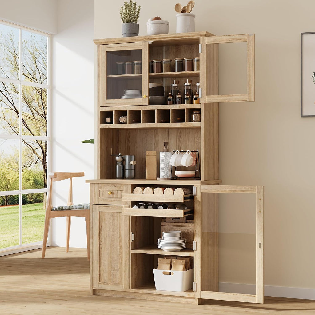Modern 74.8 inch Tall Kitchen Pantry, Freestanding Buffet with Hutch, Kitchen Pantry Storage Cabinet with Wine Rack and Adjustable Shelves for Dining Room (Natural//1)