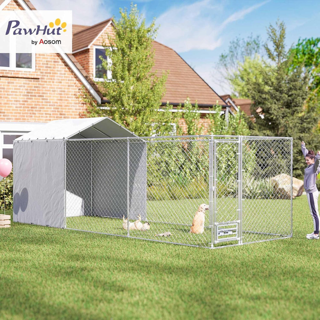PawHut 20' x 7.5' x 7.5' Large Outdoor Dog Kennel w/Secure Lock, Heavy Duty Galvanized Chain Link Dog Kennel w/Waterproof & UV-Resistant Cover, Rotating Bowls, for M&L Breeds, Chickens, Ducks