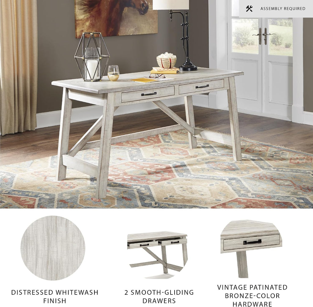 Signature Design by Ashley Carynhurst Farmhouse Large Leg Home Office Desk, 2 Storage Drawers, Vintage Bronze Hardware, Wood, 60.25' Wide, Antique White
