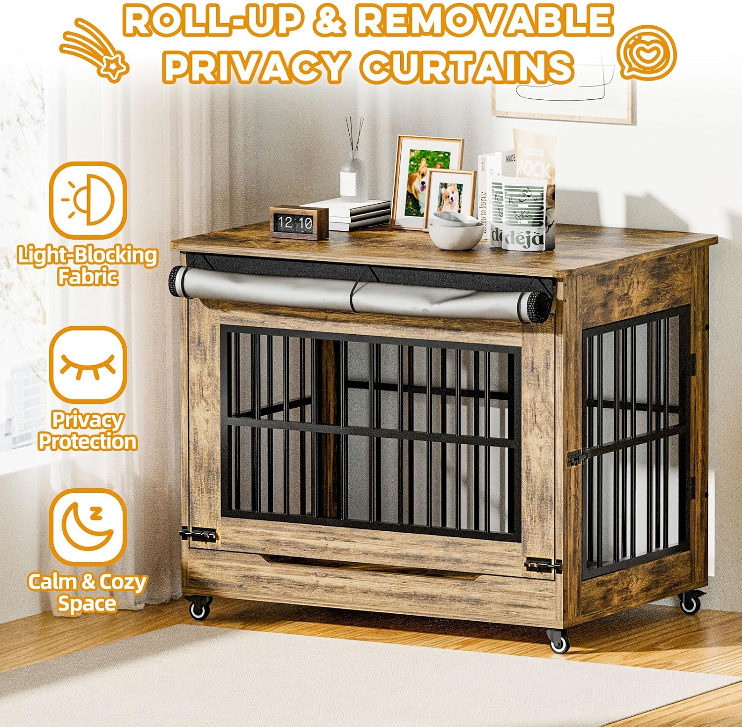 42' Large Dog Crate Furniture, Double Door Wooden Indoor Dog Kennel Furniture, Pet Cage Decorative with Wheels for Large Breed Dogs, Size XL, Rustic Brown