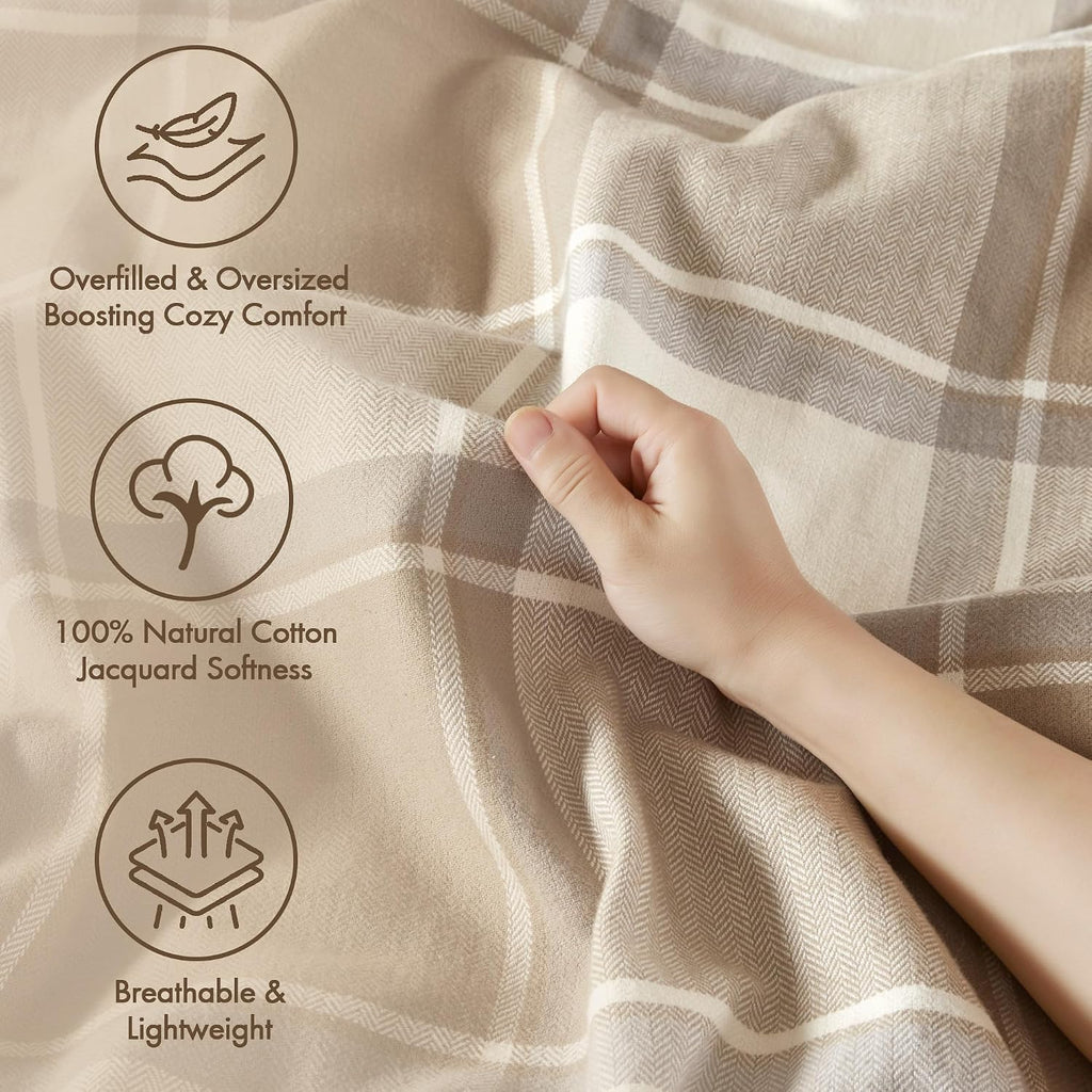 Madison Park King Comforter Cotton Jacquard Plaid Cabin Oversized Comforters King Bed, Removable Cover, All Season King Size Comforter, Décor Pillows, King/Cal King Neutral 9 Piece