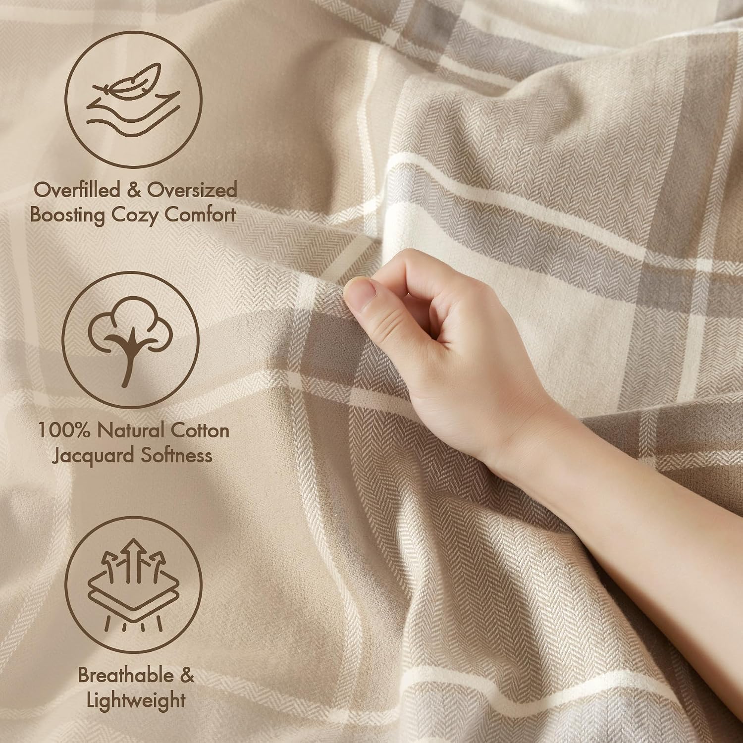 Madison Park King Comforter Cotton Jacquard Plaid Cabin Oversized Comforters King Bed, Removable Cover, All Season King Size Comforter, Décor Pillows, King/Cal King Neutral 9 Piece