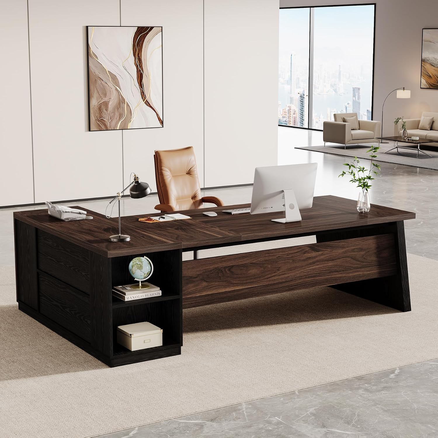 Tribesigns Executive Desk with 2 Drawers, 78-inch L Shaped Desk with Storage Cabinet and Shelves, Business Furniture Computer Table Workstation for Home Office