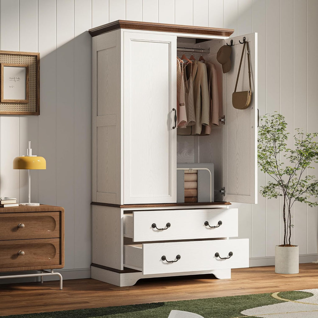 LIKIMIO Armoire Wardrobe Closet with Mirror, 70.1' Wooden Clothing Storage Cabinet with 2 Doors & 2 Drawers, Modern Bedroom Freestanding Wardrobe Combination with Hanging Rod, Cherry with White