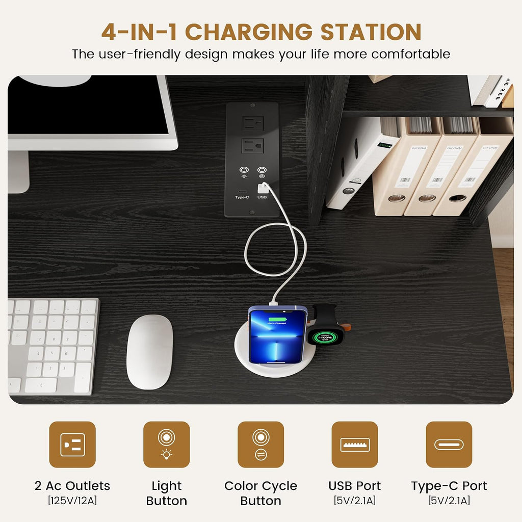 40' W Fluted Study Desk with Hutch and Storage Cabinet, Computer Desk with Power Outlet & LED Lights, Home Office Desk with Card-Based Lock for Study, Bedroom, Living Room, Retro Black
