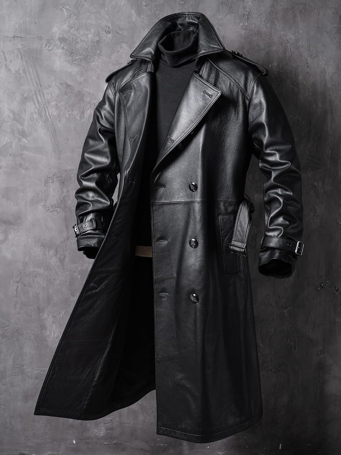 Men's Casual Long Leather Trench Coat, Slim Fit Double Breasted Notched Lapel Belt Black Full Length Jacket Overcoat