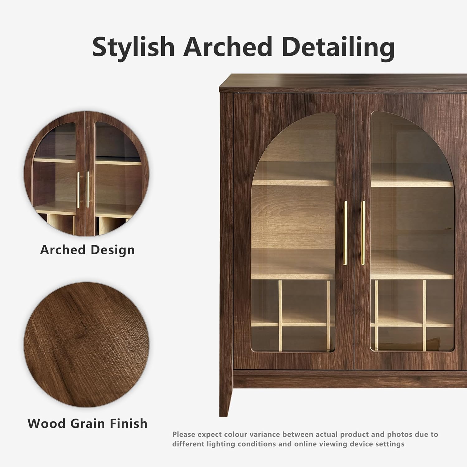 FORTUNETEC Wine Bar Cabinet with Glass Doors, 31.5' Liquor Cabinet with Wine and Glass Rack, Mid Century Modern Sideboard Buffet Cabinet with Storage for Living Room Kitchen Dining Room, Walnut
