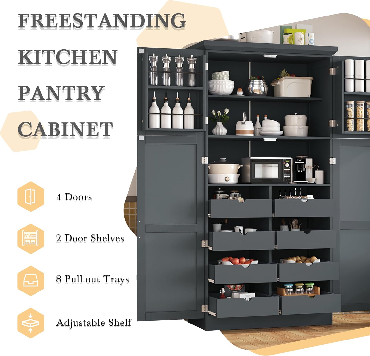 Merax 71' Tall Kitchen Pantry Cabinet with 4 Doors, 2 Door Shelves, 8 Pull-Out Trays and Adjustable Shelf, Freestanding Pantry for Kitchen, Dining,Gray (35.5x17.6x70.9inch)