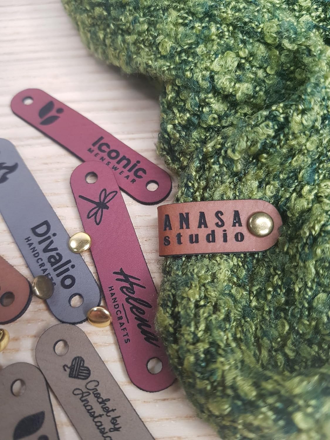 Customized 2.5 x 0.5 in Faux Leather Product Tags with Rivets Personalized Tags for Knitting and Crochet, Cute Labels Handmade Perfect for Hats Beanies Scarves & More (250 Labels)