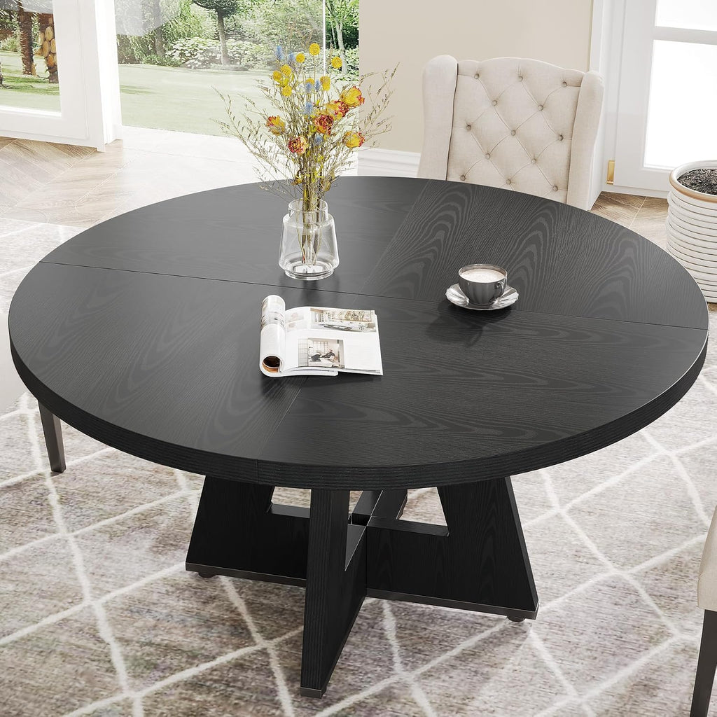 Tribesigns Farmhouse Dining Table, 47 Inch Round Dinner Table for 4 (Black)